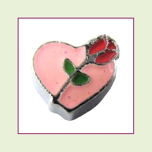 Rose on Pink Heart (Silver Base) Floating Charm
