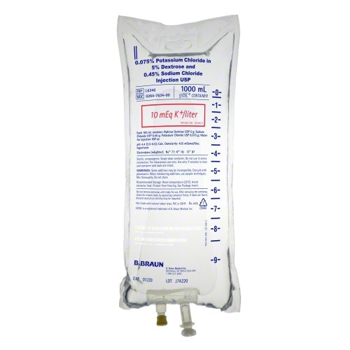 B. Braun 0.075% Potassium Chloride in 5% Dextrose and 0.45% Sodium Chloride for Injection in 1,000mL EXCEL IV Container (L6340)