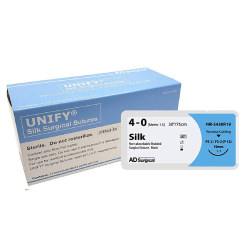 AD Surgical 3-0 x 18" Unify Black Braided Silk Suture with FS-2 Needle (M-S318R19)