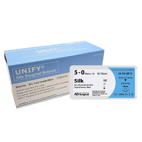 AD Surgical 5-0 x 18" Unify Black Braided Silk Sutures with P-3 Needle (S-S518R13)