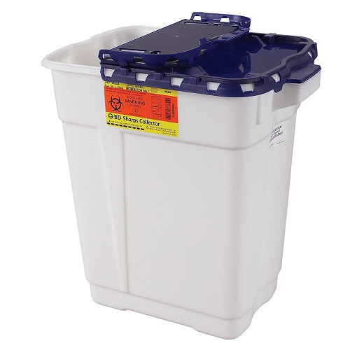 9 Gallon White/Blue Sharps Container with Hinged Top & Gasket - 8/Case