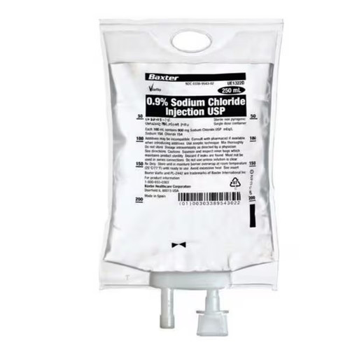 Baxter 0.9% Sodium Chloride for Injection in 250mL DAC Viaflo Container (UE1322D) Baxter 0.9% Sodium Chloride for Injection in 250mL DAC Viaflo Container (UE1322D)