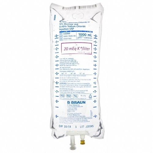 B Braun 0.15% Potassium Chloride in 5% Dextrose & 0.45% Sodium Chloride for Injection in 1,000mL EXCEL IV Container (L6350)