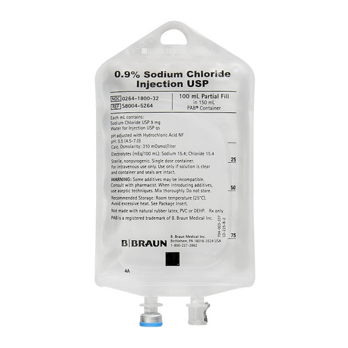 B. Braun 0.9% Sodium Chloride for Injection in 100mL/150mL PAB Container (S8004-5264)