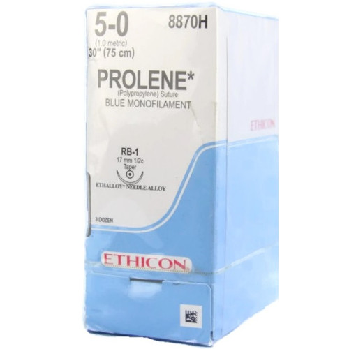 5-0 x 30" Prolene Blue Polypropylene Monofilament Sutures with RB-1 Needle - 36/Box