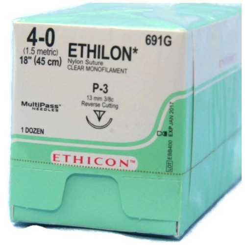4-0 x 18" Ethilon® Nylon Clear Sutures with P-3 Needle -  12/Box (691G)