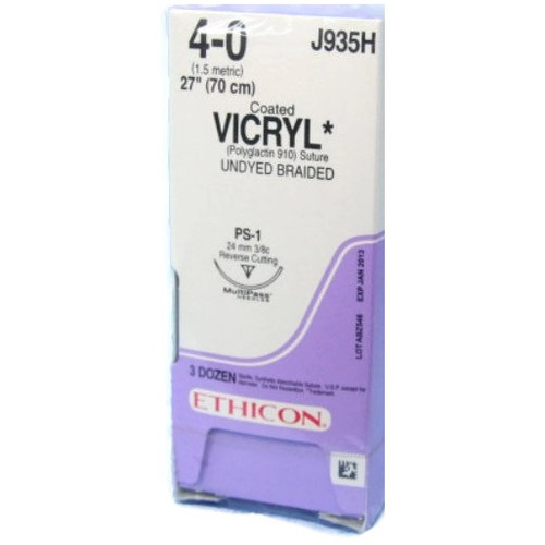 4-0 x 27" Vicryl® PGA Plus Undyed Antibacterial Sutures with PS-1 Needle - 36/Box 4-0 x 27" Vicryl® PGA Plus Undyed Antibacterial Sutures with PS-1 Needle - 36/Box