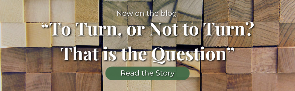 A neat arrangement of timber blanks in various species and sizes stacked together, showing a range of natural wood tones from pale cream to warm golden brown. Text overlay reads "The Gift that Outlasts Everything" with a Read the Story button. Tas Turning Supplies blog hero image