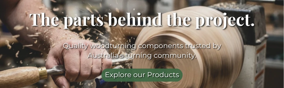 A woodturner's hands holding a turning tool against a spinning bowl on a lathe, with wood shavings flying through the air. A blurred workshop is visible in the background. Text overlay reads "The parts behind the project" with a subheading "Quality woodturning components trusted by Australia's turning community." Tas Turning Supplies homepage hero image.