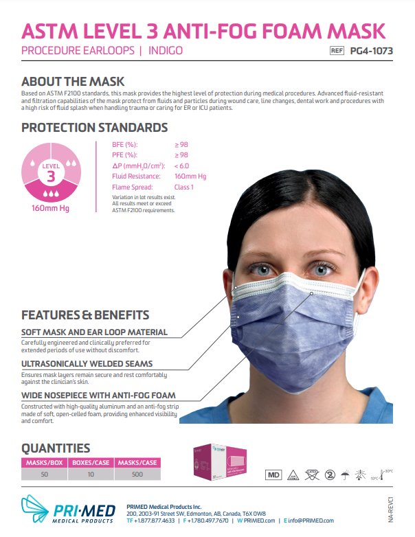 PRIMED Level 3 Anti-Fog Foam Masks, 50/box