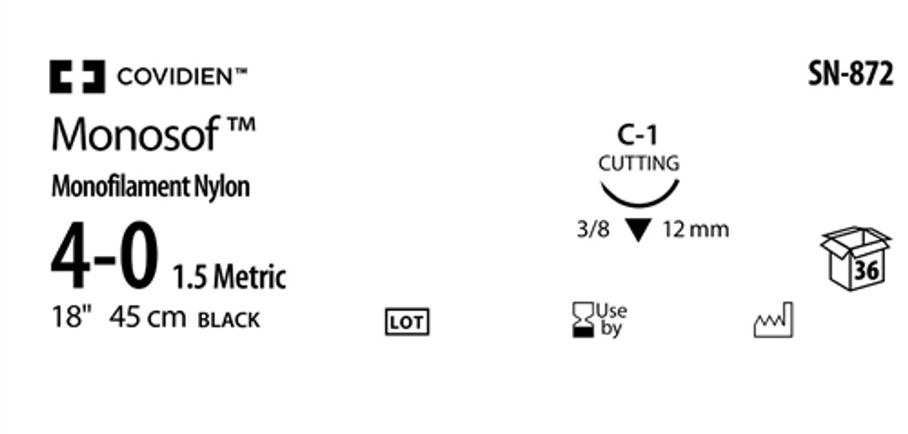 Suture Monosof Nylon Black Monofilament, 4-0, 18 (45cm), C-1, 12mm, 3/8  Circle, Reverse Cutting, 36/box