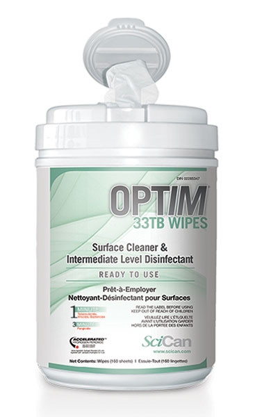 SciCan Optim 33TB Surface Disinfectant Wipes Unscented 6" x 7" 160/tub