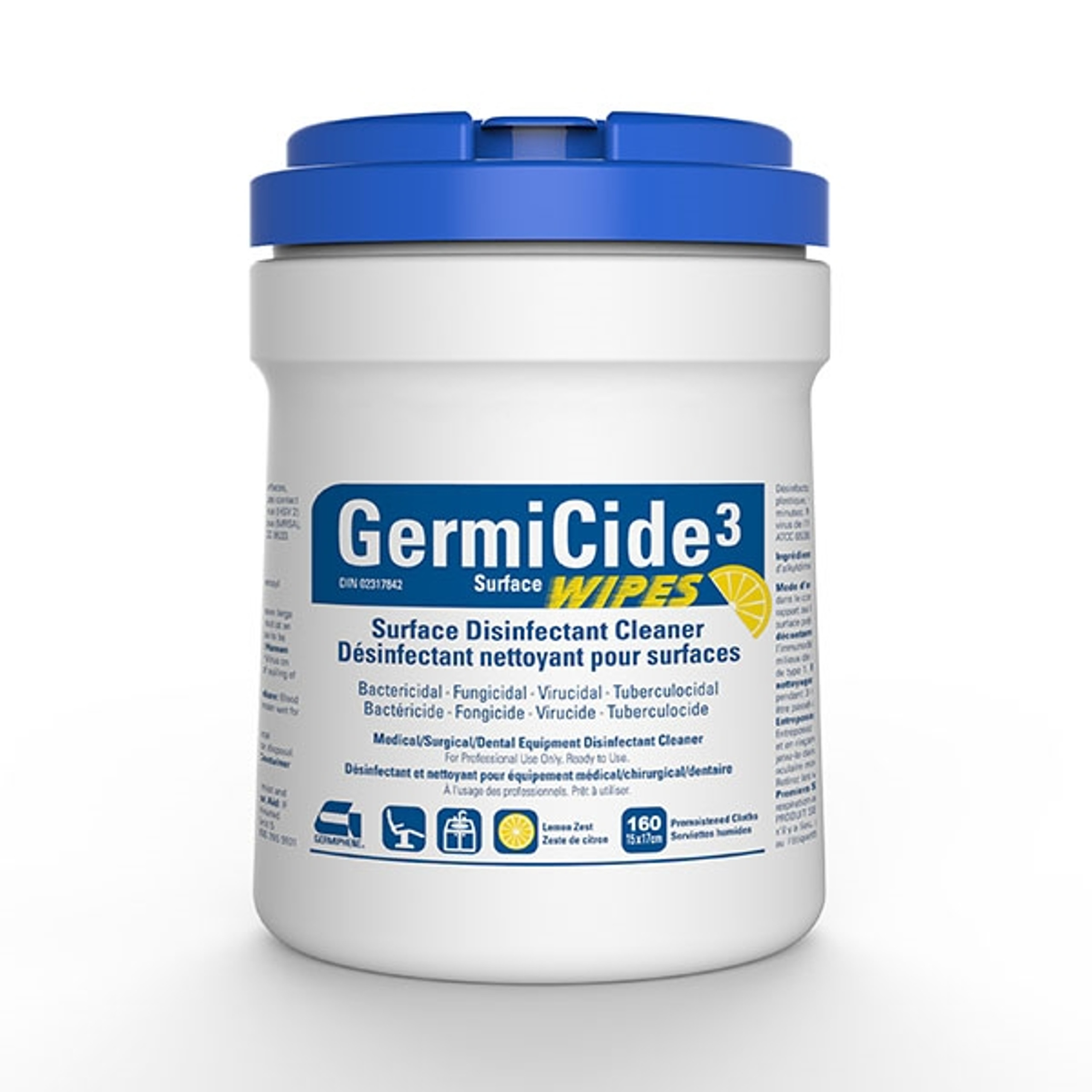 GermiCide 3 Surface Disinfectant Wipes, Regular 6" x 7", 160/tub