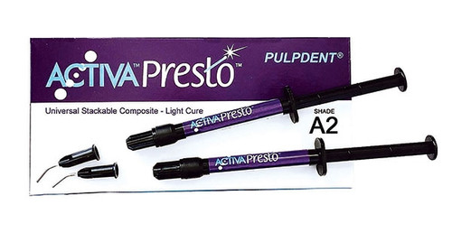 Pulpdent Activa Presto Universal Stackable Composite A2 Shade, 2 x 2.12 mL syringes + 20 tips