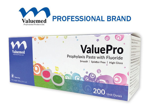 ValuePro prophy paste includes 1.23% fluoride ions to help tooth remineralization and strengthen tooth enamel. Gluten free. Made in the USA. ValuePro prophy paste includes 1.23% fluoride ions to help tooth remineralization and strengthen tooth enamel. Gluten free. Made in the USA.