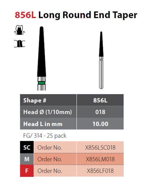 Coltene Alpen X1 Diamond Sterile Burs Long Round End Taper #856L FG/314, 25/pkg