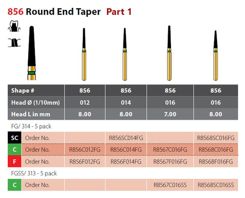 Coltene Alpen Multilayer Diamond Bur Round End Taper #856 FG/314, 5/pkg