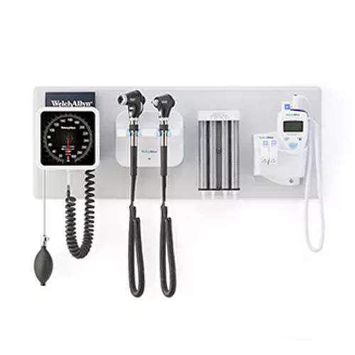 Welch Allyn Green Series 777 Integrated Wall System with PanOptic Basic LED Ophthalmoscope, MacroView Basic LED Otoscope, BP Aneroid, Ear Specula Dispenser, and SureTemp Plus Thermometer