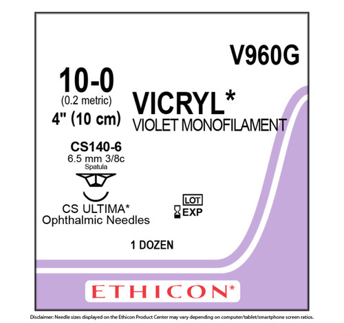 Suture Vicryl 10-0 4" CS140-6, Violet Mono, CS Ultima Opthalmic Needles,12/box