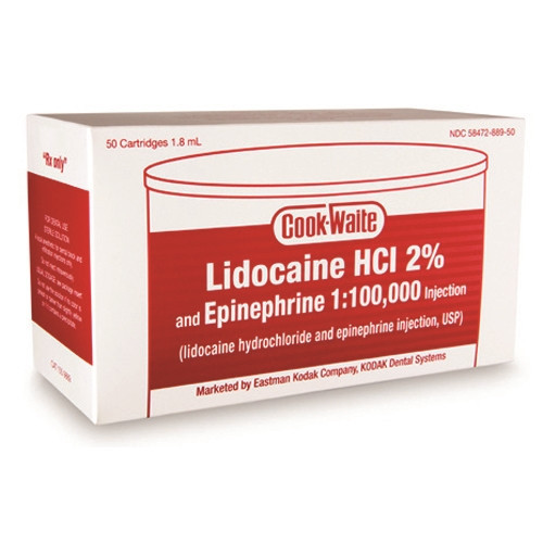 Lidocaine HCl 2% and Epinephrine 1:100,000 Injection Red 50/box