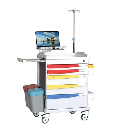 Solic Crash Cart w/5 Drawers 26.37" x 20.86" x 40.15" w/ Defibrillator Shelf Multicolour