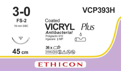 J&J Ethicon Suture VCP393H Vicryl Plus Violet, 3-0, FS-2, 18"/45cm, 36/box