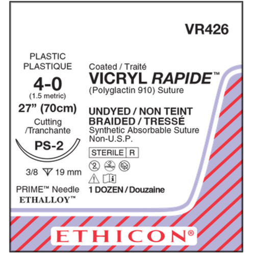 J&J Ethicon Suture Vicryl Rapide 4-0 Undyed Braided 27" PS-2, 12/box