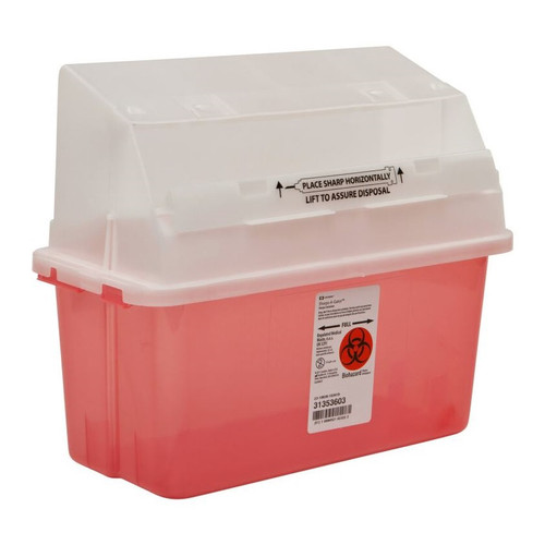 Monoject Sharps Container 5L/5QT, with Safety In-Room with Counter-Balanced Door Lid, Transparent Red, 14/Case