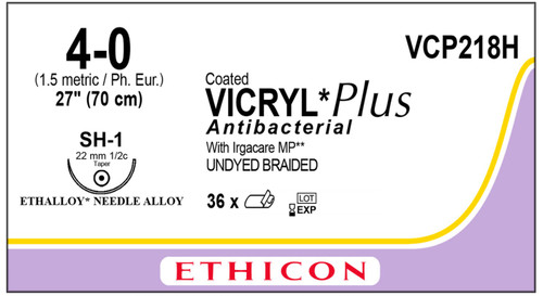 J& J Ethicon Suture Vicryl Plus 4-0 SH-1 27" Undyed, 36/box