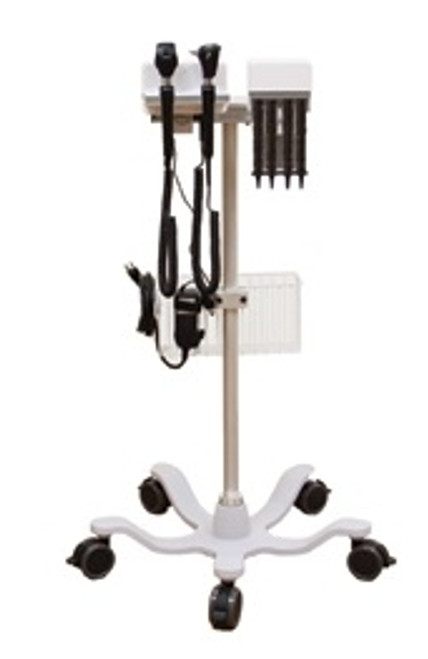 Amico Mobile Diagnostic Station with Coaxial Ophthalmoscope, Fiber Optic Otoscope and Specula Dispenser. Comes with large basket with cord wrap and 10ft power cord.