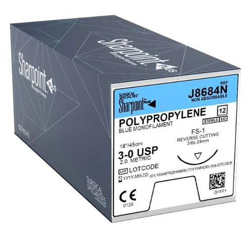 Sharpoint Suture Polypropylene Blue Monofilament 3-0 J8684N, 18"/45cm, FS-1, 12/box