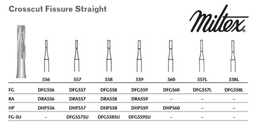 Miltex Carbide Bur, FG #557 Crosscut Fissure Straight 10/pack Miltex Carbide Bur, FG #557 Crosscut Fissure Straight 10/pack