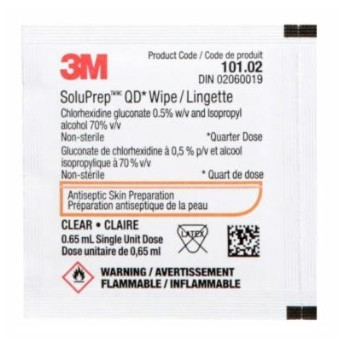 3M SoluPrep Quarter dose wipe 0.5% CHG 70%  IPA, 0.65ml single unit dose, Clear, 200 wipe/box