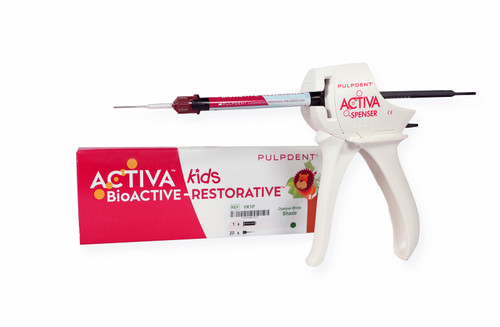 PulpDent ACTIVA Bio-ACTIVE-KIDS STARTER KIT: 8gm/5mL syringe Opaque White Shade, ACTIVA-SPENSER, + 20 automix tips with bendable 20-gauge metal cannula