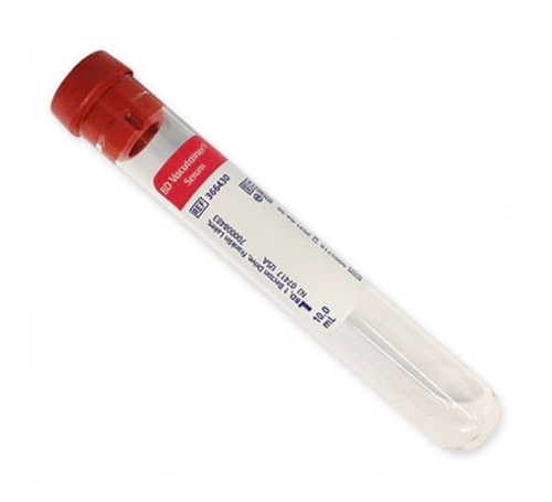 BD Vacutainer Plus Venous Blood Collection Serum Tube, Plastic, 10 mL, Red Conventional Closure, Paper Label, 100/box