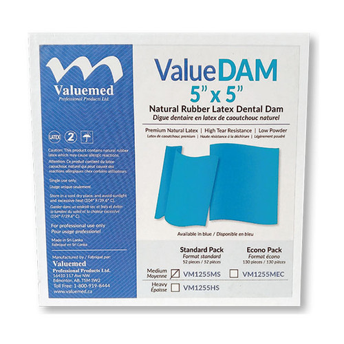ValueDAM 5x5 Medium Latex Dental Dam Economy Pack, 130/box, Blue