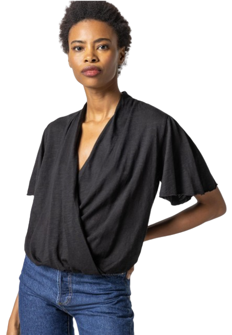 Faux Wrap Flutter Sleeve Top, Black