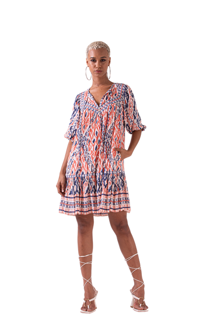 Sahiba Tiered Mini Dress w/ Bubble Sleeves, Coral