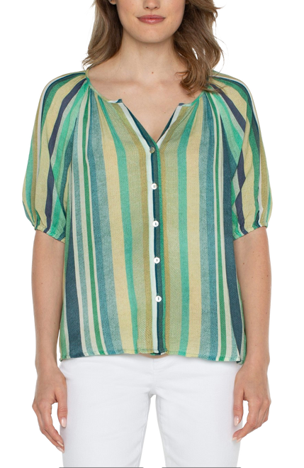 Short Slv Button Front Shirrred Woven Top, Teal Multi Stripe