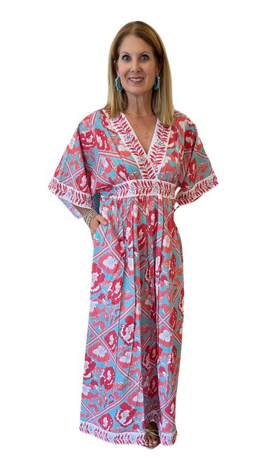 Vintage Kaftan Maxi, Watercolor FL Turq/Coral