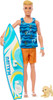 Barbie Poseable Blonde Ken Beach Doll with Surfboard and Pet Puppy Mattel HPT50