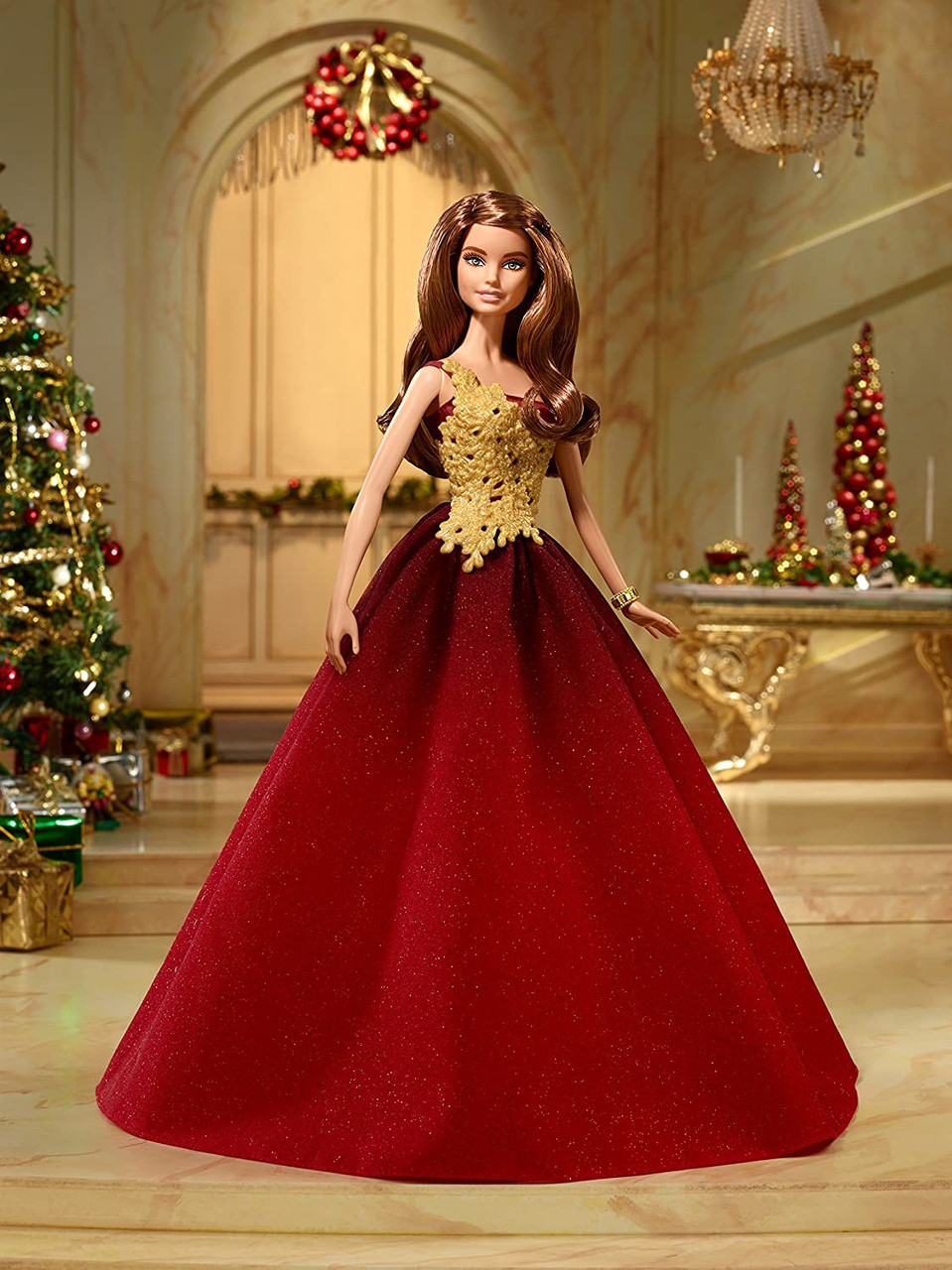 2016 holiday barbie red dress Kmart Holiday Barbie 2016 is redhead with brown eyes, dress and facesculpt are same like blonde dolls. http://www.kmart.com/barbie-2016-holiday-doll /p-004W009301653001P?plpSellerId=Kmart&prdNo=11&blockNo=11&blockType=G11#