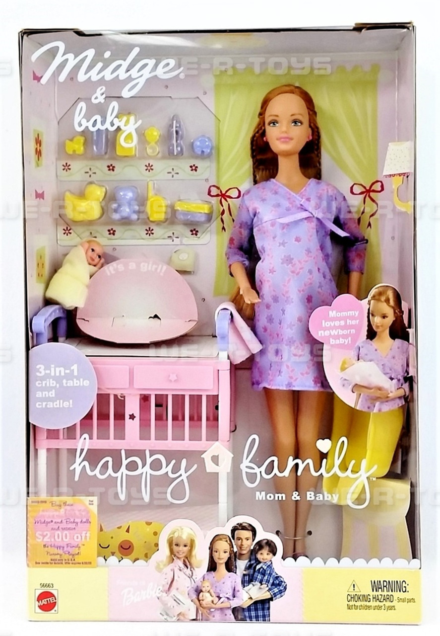 Happy Family Midge Barbie Pregnant Mattel 2002 with Baby and Baby Bed  Vintage