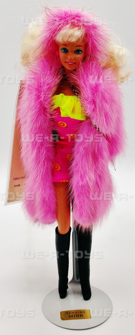 Barbie Doll In Lara's Pink Dyed Genuine Mink Fur Coat Lazarus Store NEW