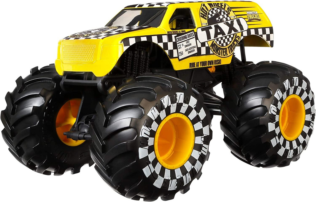 Hot Wheels Monster Trucks Veículo de Brinquedo Taxi Die Cast Blind Sided  Taxi Crushed