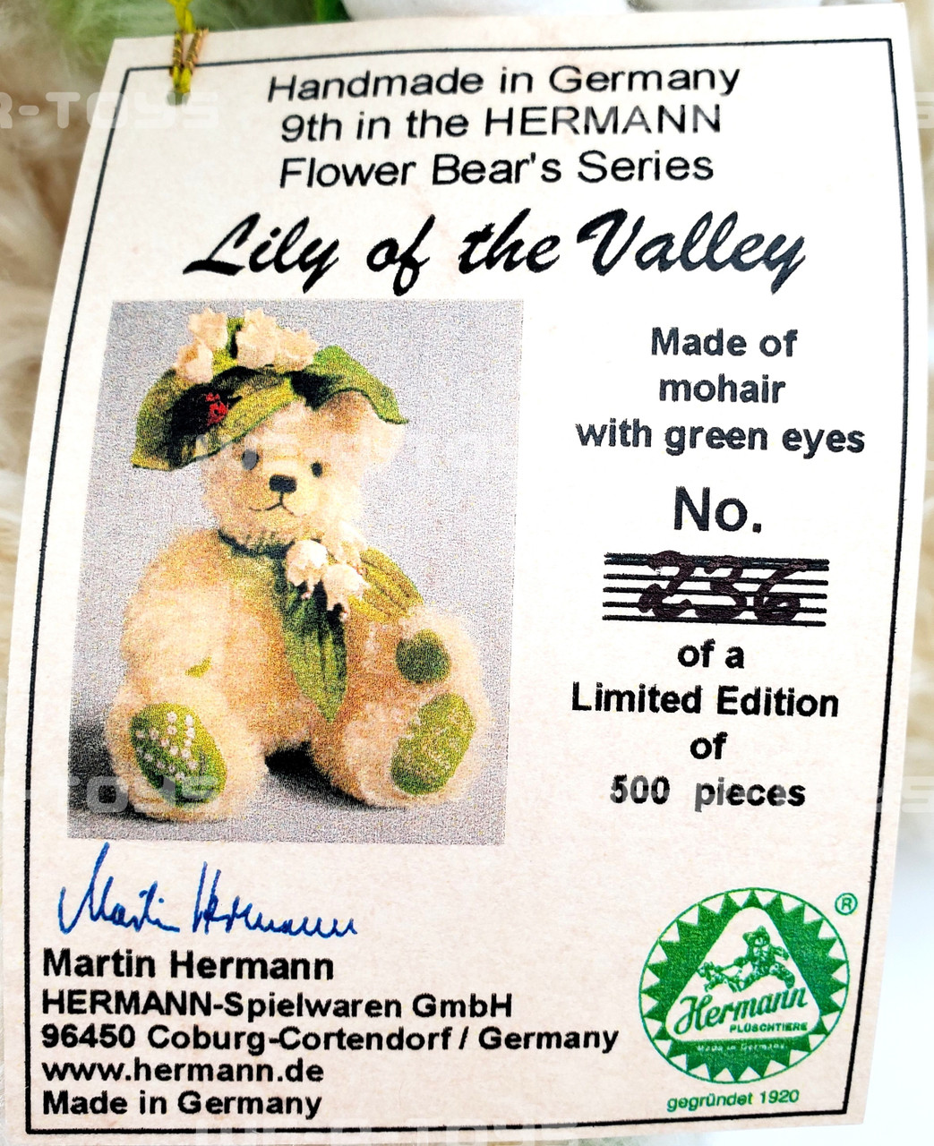 Hermann Teddy Bear Lily of the Valley 9th in Flower Bear Series No
