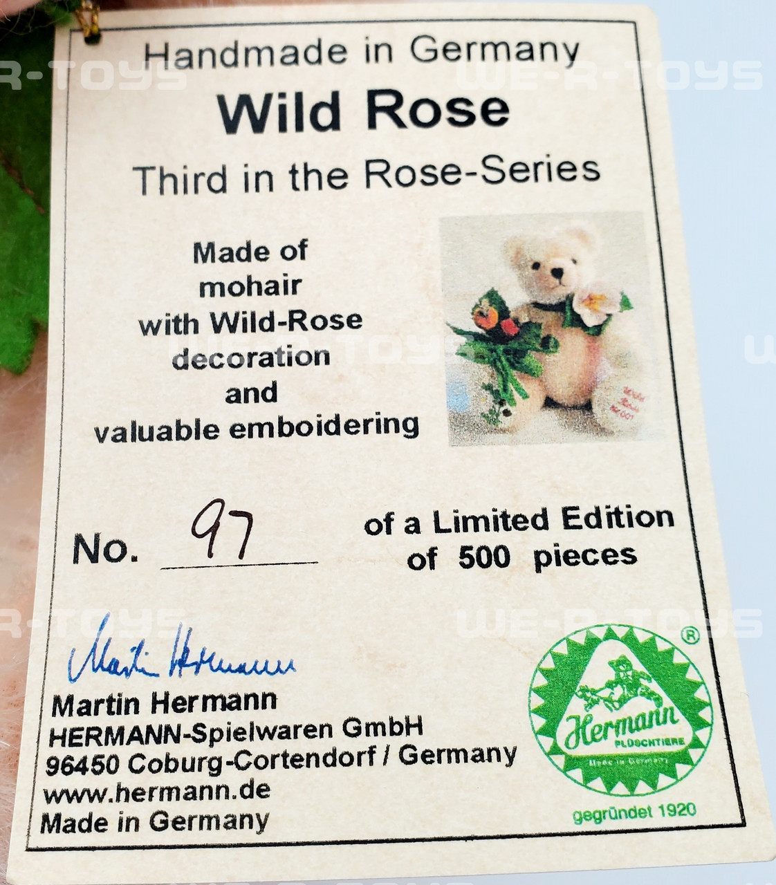 Hermann Teddy Bear Wild Rose No.97 of 500 3rdin Rose Series NEW