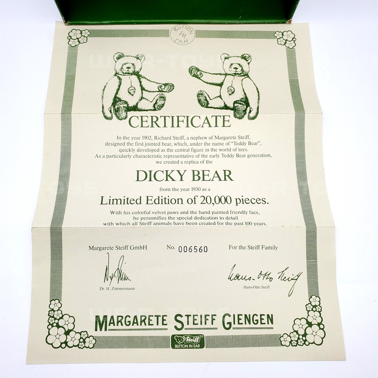 Steiff Dicky 1930 Replica Limited Edition of 20,000 Pieces Genuine