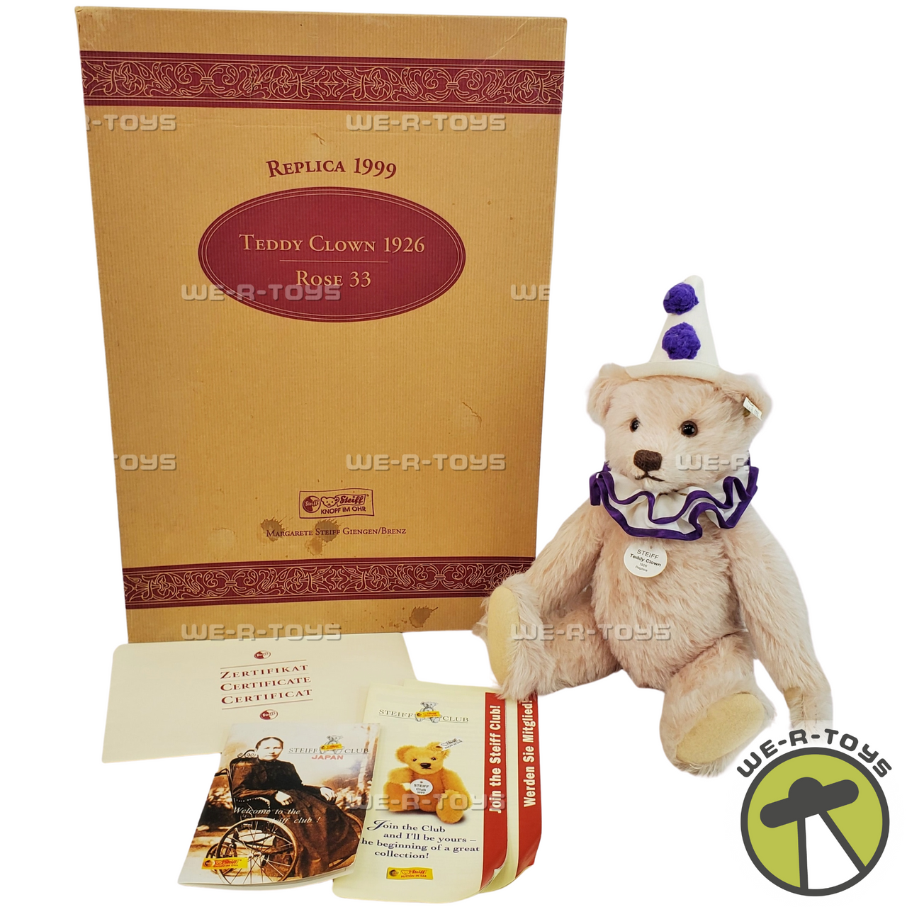 Steiff Teddy Clown 1926 Replica in Rose 33 w/ Certificate 1999