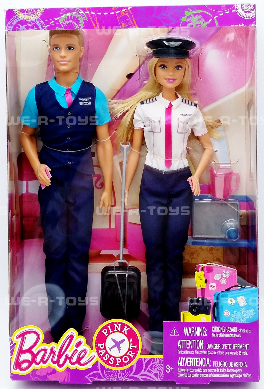 Barbie Pink Passport Barbie & Ken Pilot Flight Attendant Doll Set